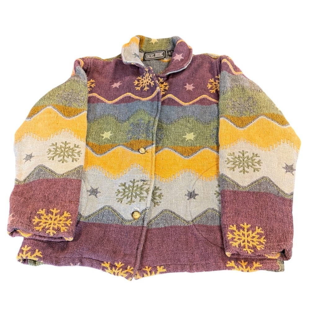 Rachel Brooke Vintage Tapestry Jacket Womens Medium Cotton Snowflake Star Woven‎